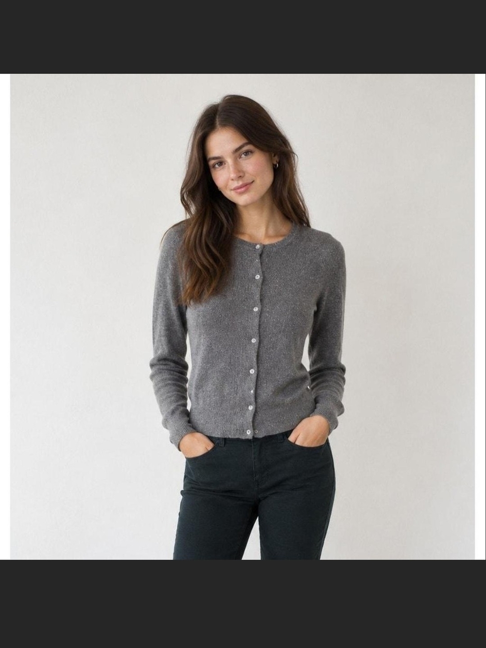 Nwt XL,L,M Cashmere Tahari Heather Gray Button-Front Crewneck Sweater